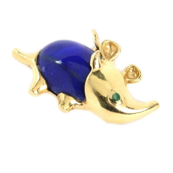 Vintage Lapis & Emerald 18k Yellow Gold Rhino Pin - Picture 2 of 6